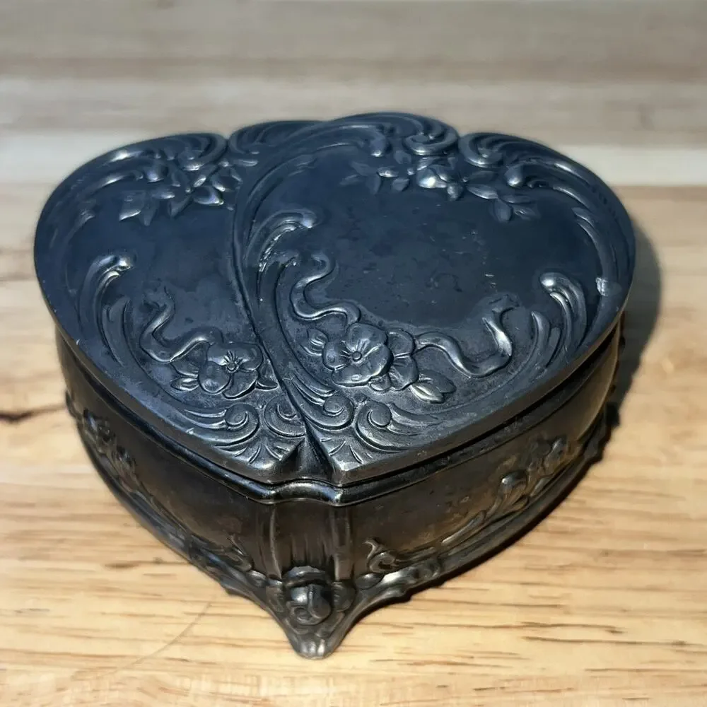 Antique Jennings Bro Art Nouveau Double Heart Metal Jewelry Trinket Box Lined